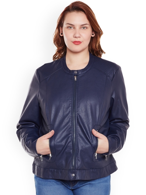 

JUNAROSE Plus Size Women Navy Solid Leather Jacket, Navy blue