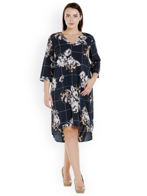 

JUNAROSE Plus Size Women Navy Blue Printed A-Line Dress