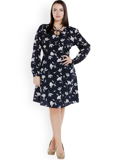 

JUNAROSE Plus Size Women Navy Blue Printed A-Line Dress