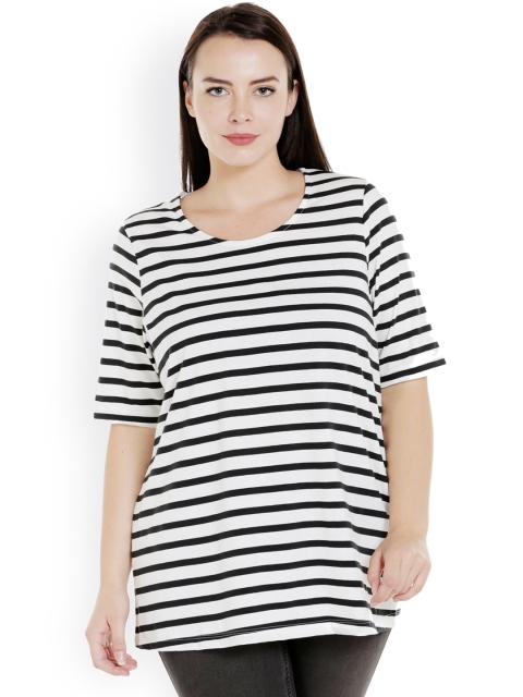 

JUNAROSE Plus Size Women Black White Striped Round Neck T-shirt