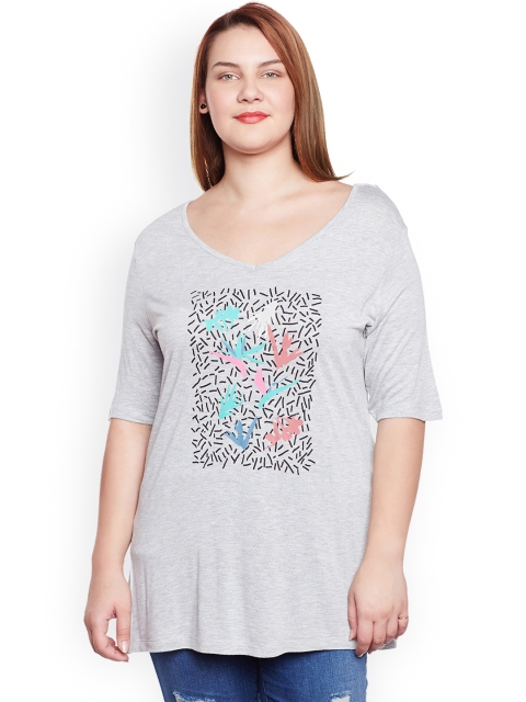 

JUNAROSE Plus Size Women Grey Printed V-Neck T-shirt