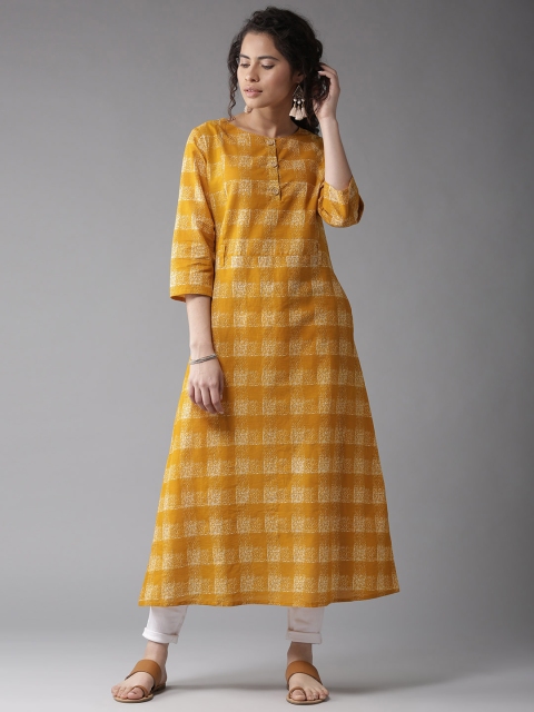 

HERE&NOW Women Mustard Yellow Printed A-Line Kurta