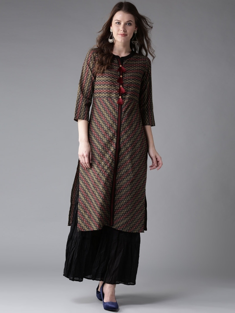 

HERE&NOW Women Olive Green & Maroon Striped A-Line Kurta