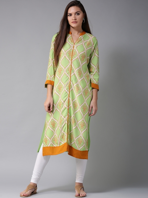 

Moda Rapido Women Green & Orange Printed Straight Kurta