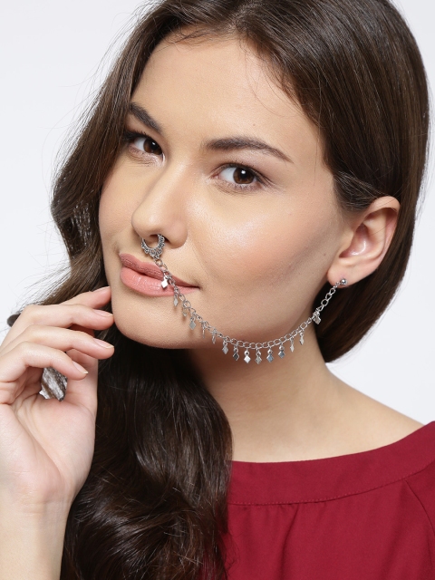 

OOMPH Oxidised Silver-Toned Clip-On Nose Ring with Ear Stud