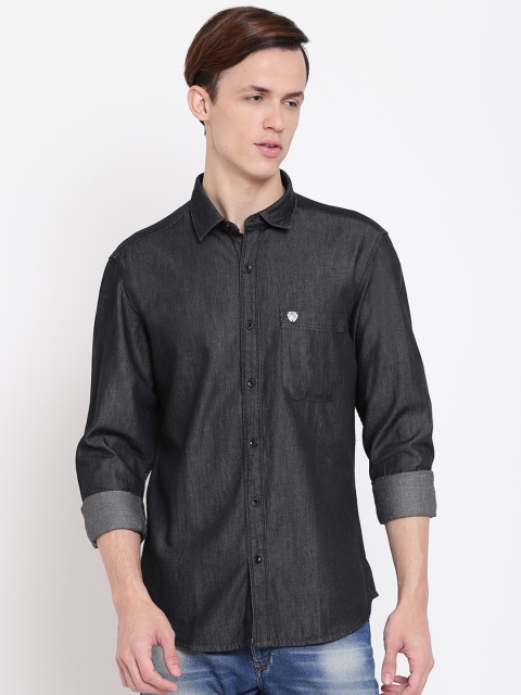 

John Players Men Charcoal Grey Trim Fit Solid Denim Shirt
