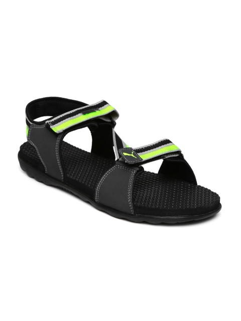 

Puma Men Charcoal Grey & Neon Green Silicis IDP Striped Sports Sandals, Black