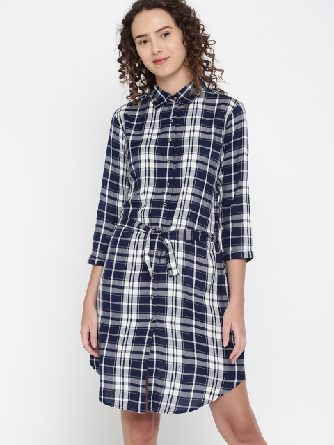 

DressBerry Women Navy & White Checked Shirt Dress, Navy blue