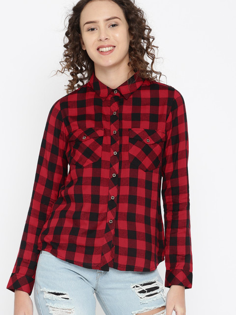 

DressBerry Women Black & Red Regular Fit Checked Casual Shirt
