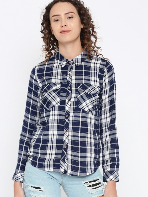 

DressBerry Women Navy & White Regular Fit Checked Casual Shirt, Navy blue