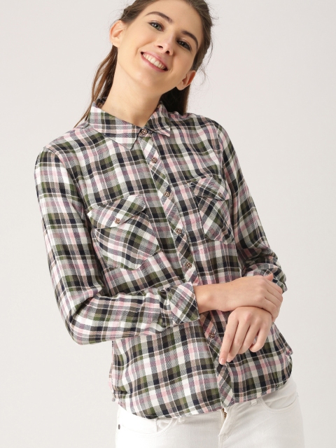 

DressBerry Women White & Olive Green Checked Casual Shirt