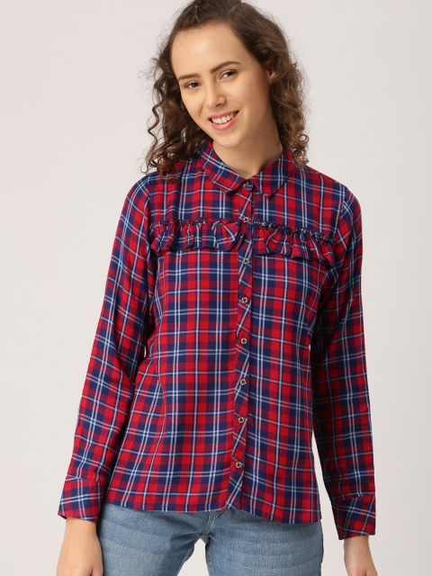 

DressBerry Women Red & Navy Blue Nancy Regular Fit Checked Casual Shirt