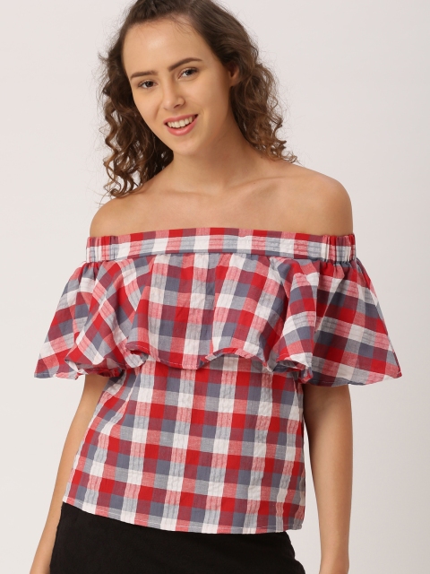 

DressBerry Women Red & Grey Checked Bardot Top