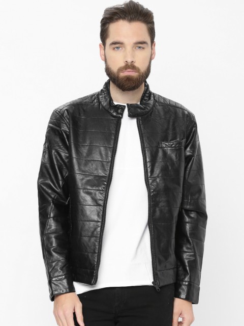 

ColorPlus Men Black Solid Biker Jacket