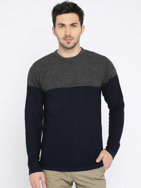 

Indian Terrain Men Navy Blue & Charcoal Grey Colourblocked Pullover