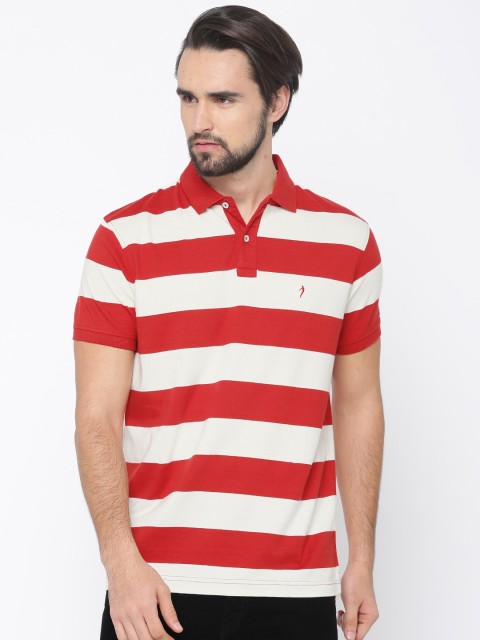 

Indian Terrain Men Off-White Red Striped Polo Pure Cotton T-shirt