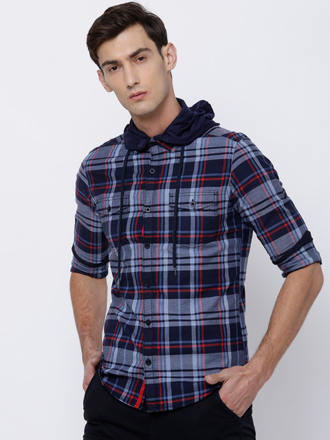 

LOCOMOTIVE Men Blue Slim Fit Checked Casual Shirt