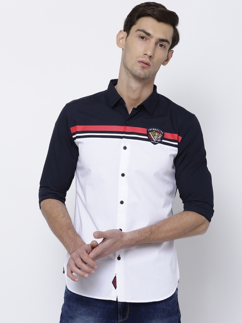 

LOCOMOTIVE Men Navy Blue & White Slim Fit Solid Casual Shirt