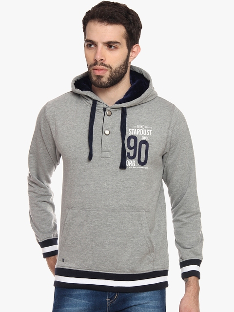 

Duke Men Grey Melange Solid Hooded Sweatshirt