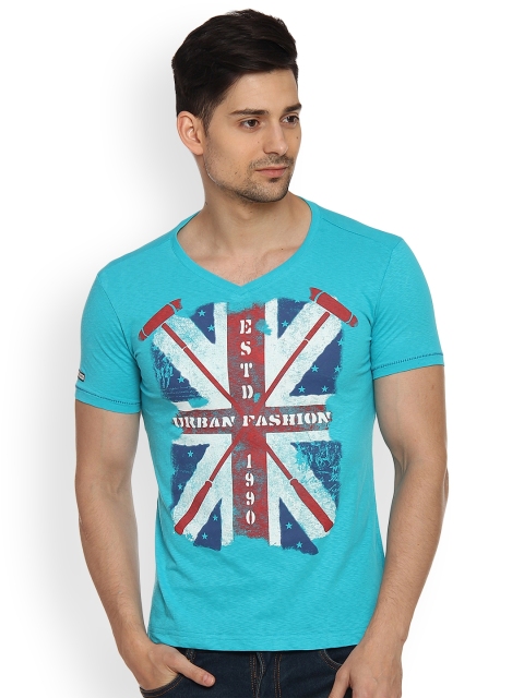 

Duke Men Turquoise Blue Printed V-Neck T-shirt
