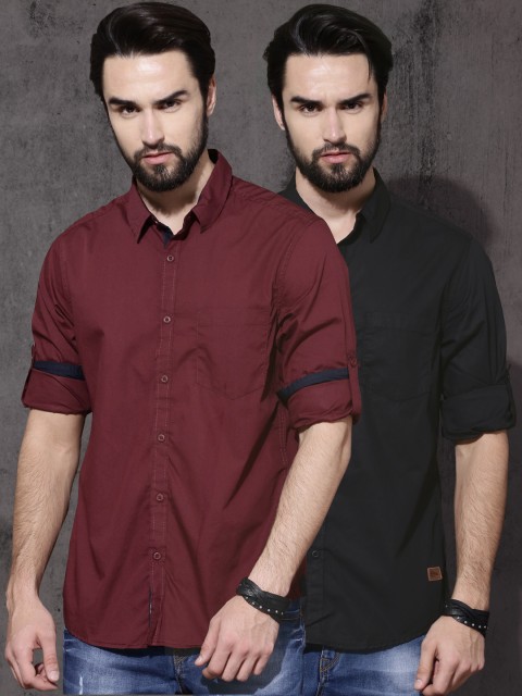 

Roadster Pack of 2 Regular Fit Shirts, Black
