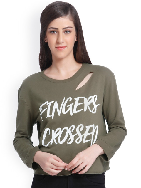 

ONLY Women Olive Green Printed Distressed Top