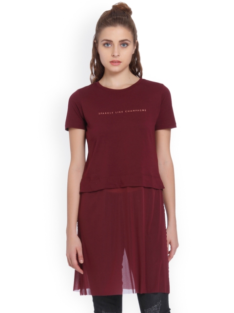 

ONLY Women Burgundy Printed Longline Pure Cotton Top