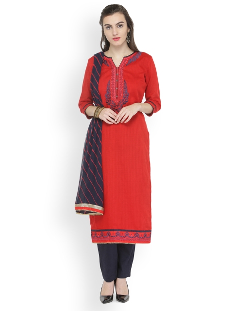 

Kvsfab Red & Navy Blue Cotton Blend Unstitched Dress Material