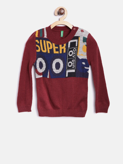 

United Colors of Benetton Boys Maroon & Blue Self-Design Sweater