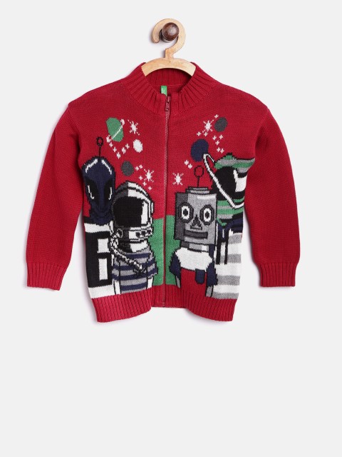 

United Colors of Benetton Boys Red & Black Self Design Cardigan
