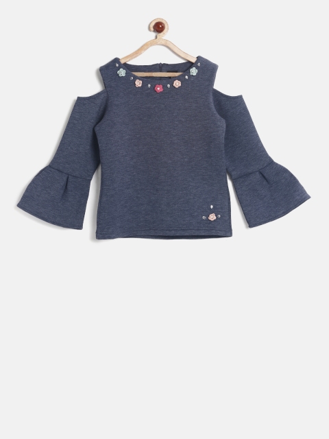 

Tiny Girl Navy Embellished Cold-Shoulder Pure Cotton Top, Navy blue