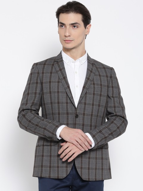 

Arrow Grey Melange and Brown Regular Fit Single-Breasted Checked Formal Blazer