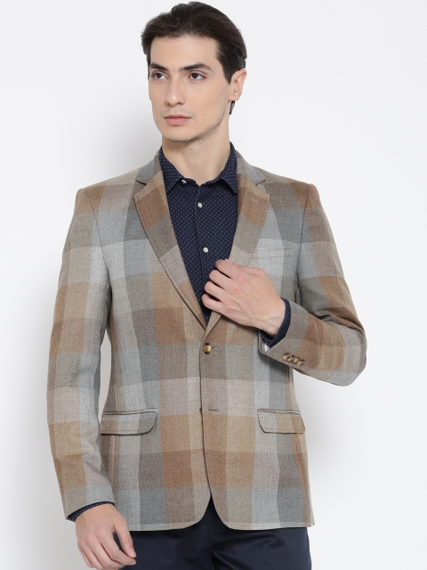 

Arrow Beige And Grey Single-Breasted Slim Fit Checked Formal Blazer