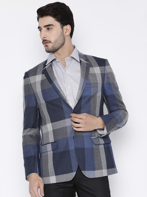 

Arrow Navy Blue & Grey Body Tailored Fit Checked Casual Blazer