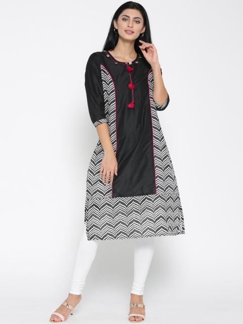 

Jashn Women Black & White Printed Straight Kurta