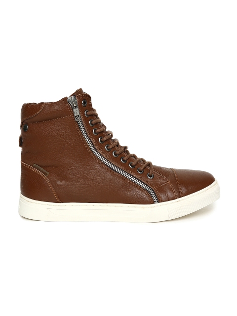 

Jack & Jones Men Brown Solid Leather GREG High-Top Sneakers