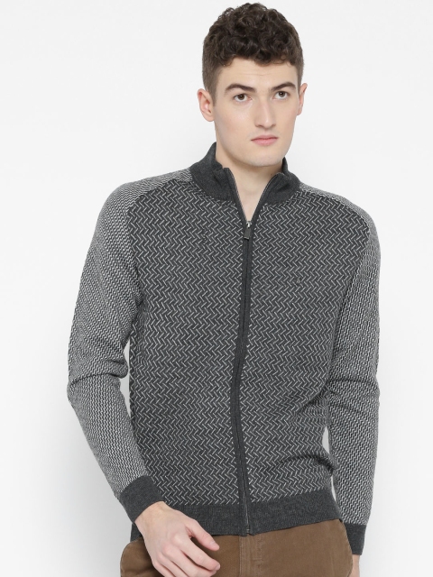 

Blackberrys Men Grey Melange & White Self Design Cardigan