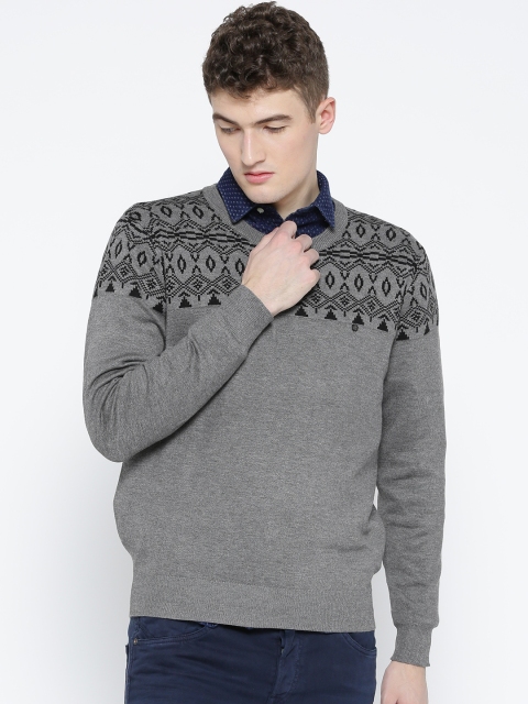 

Blackberrys Men Grey Melange & Black Self-Design Pullover