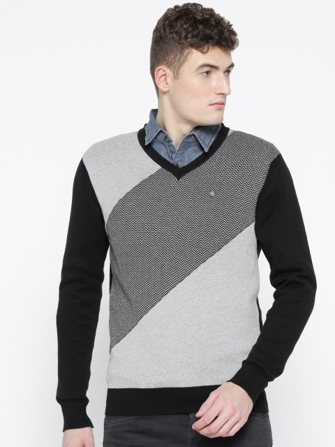 

Blackberrys Men Black & Grey Melange Self-Design Pullover