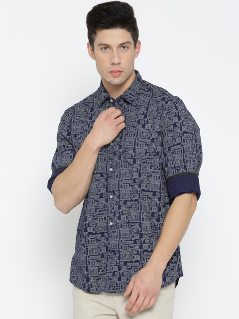 

Blackberrys Men Navy Blue & Grey Slim Fit Printed Casual Shirt