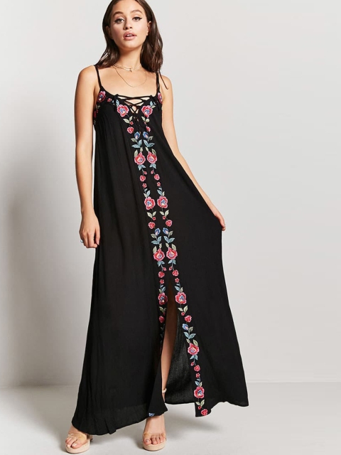 

FOREVER 21 Women Black Embroidered Detail Maxi Dress