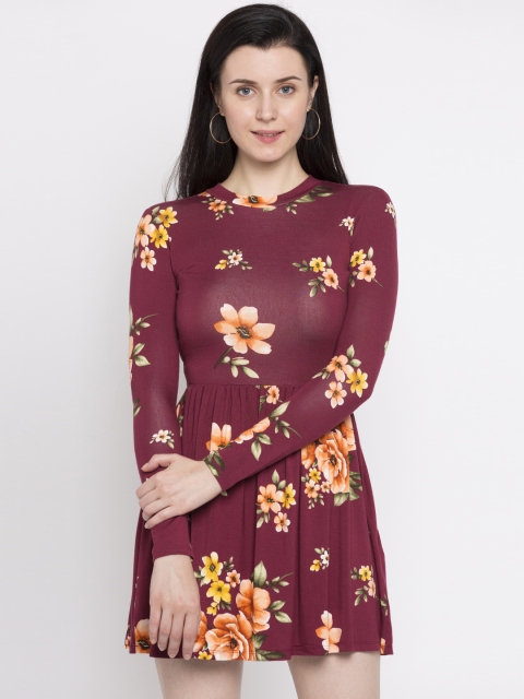 

FOREVER 21 Women Burgundy Printed A-Line Dress