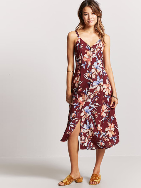 

FOREVER 21 Women Burgundy Floral Print Midi A-Line Dress