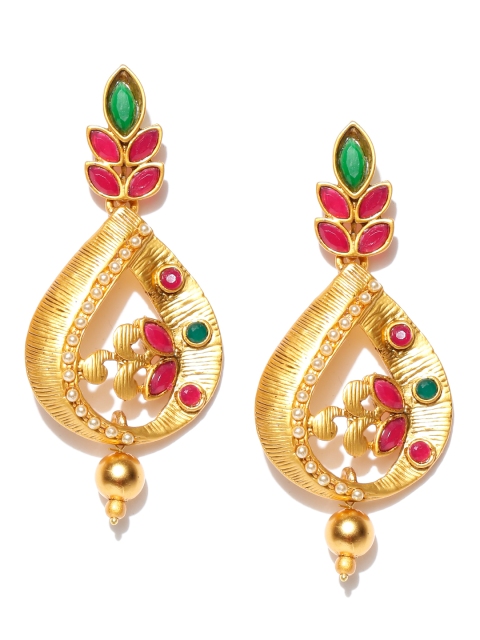 

Spargz Red Gold-Plated Teardrop Shaped Stone-Studded Drop Earrings
