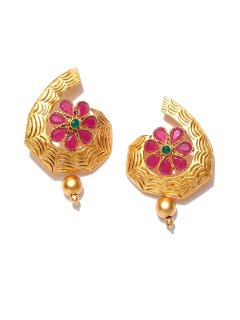 

Spargz Pink Gold-Plated Floral Stone-Studded Drop Earrings