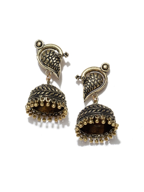 

Spargz Antique Gold-Plated Peacock Shaped Textured Jhumkas