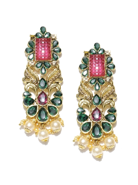 

Spargz Green & Pink Gold-Plated American Diamond Studded Drop Earrings