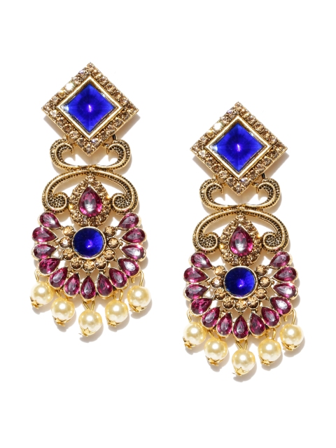 

Spargz Blue & Pink Gold-Plated American Diamond Studded Drop Earrings