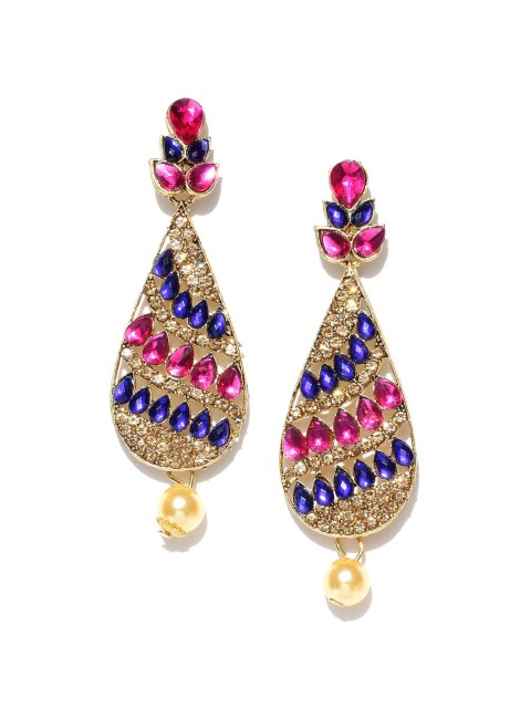 

Spargz Blue & Pink Gold-Plated Stone-Studded Teardrop Shaped Drop Earrings