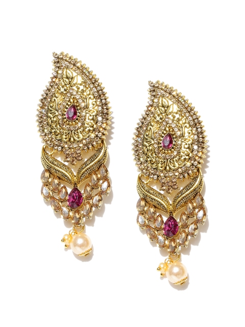 

Spargz Pink Gold-Plated American Diamond Studded Leaf Shaped Drop Earrings